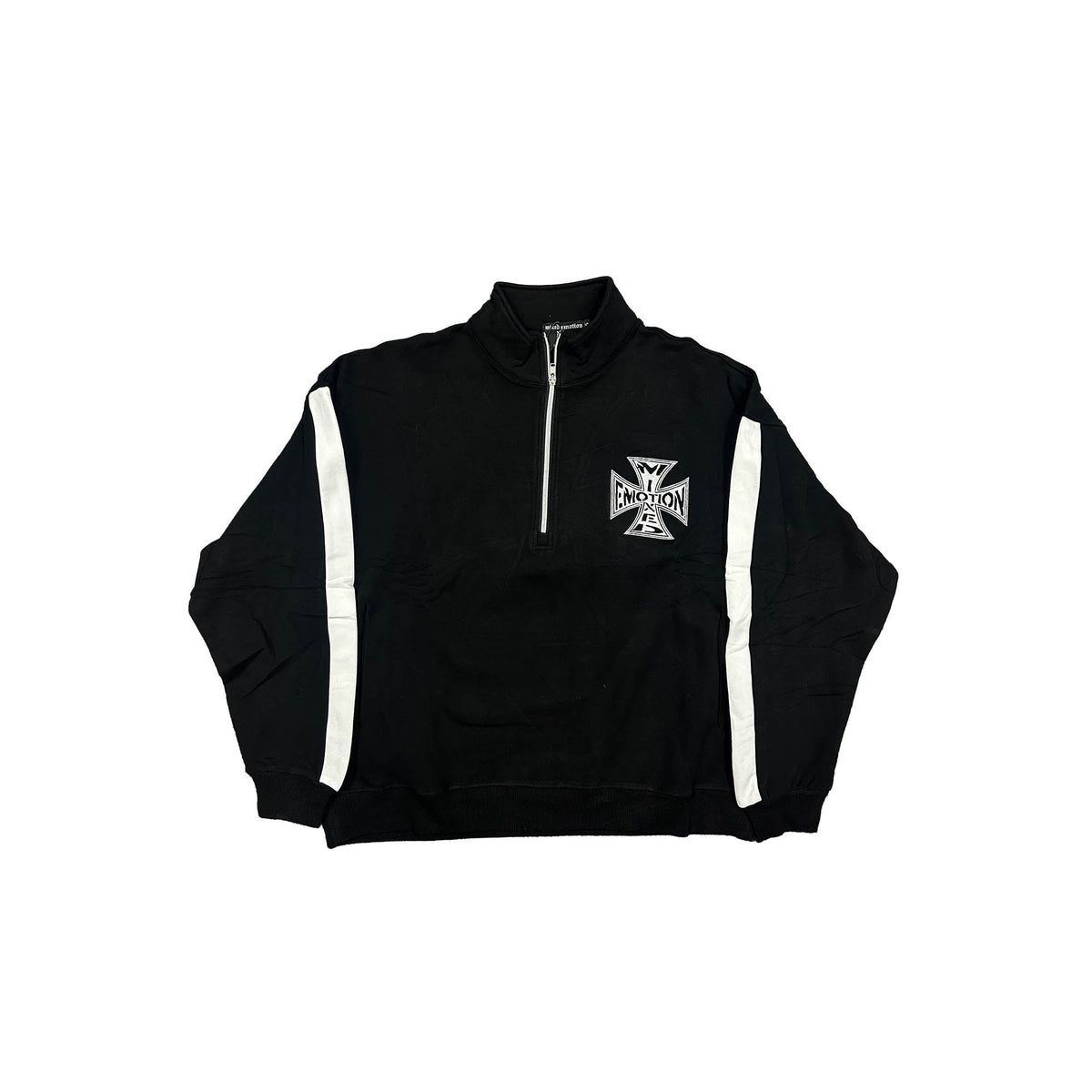 Retro Cross Print Quarter‑Zip Pullover Black Contrast Stripe Boxy Fit Street‑wear Long Sleeve Jacket