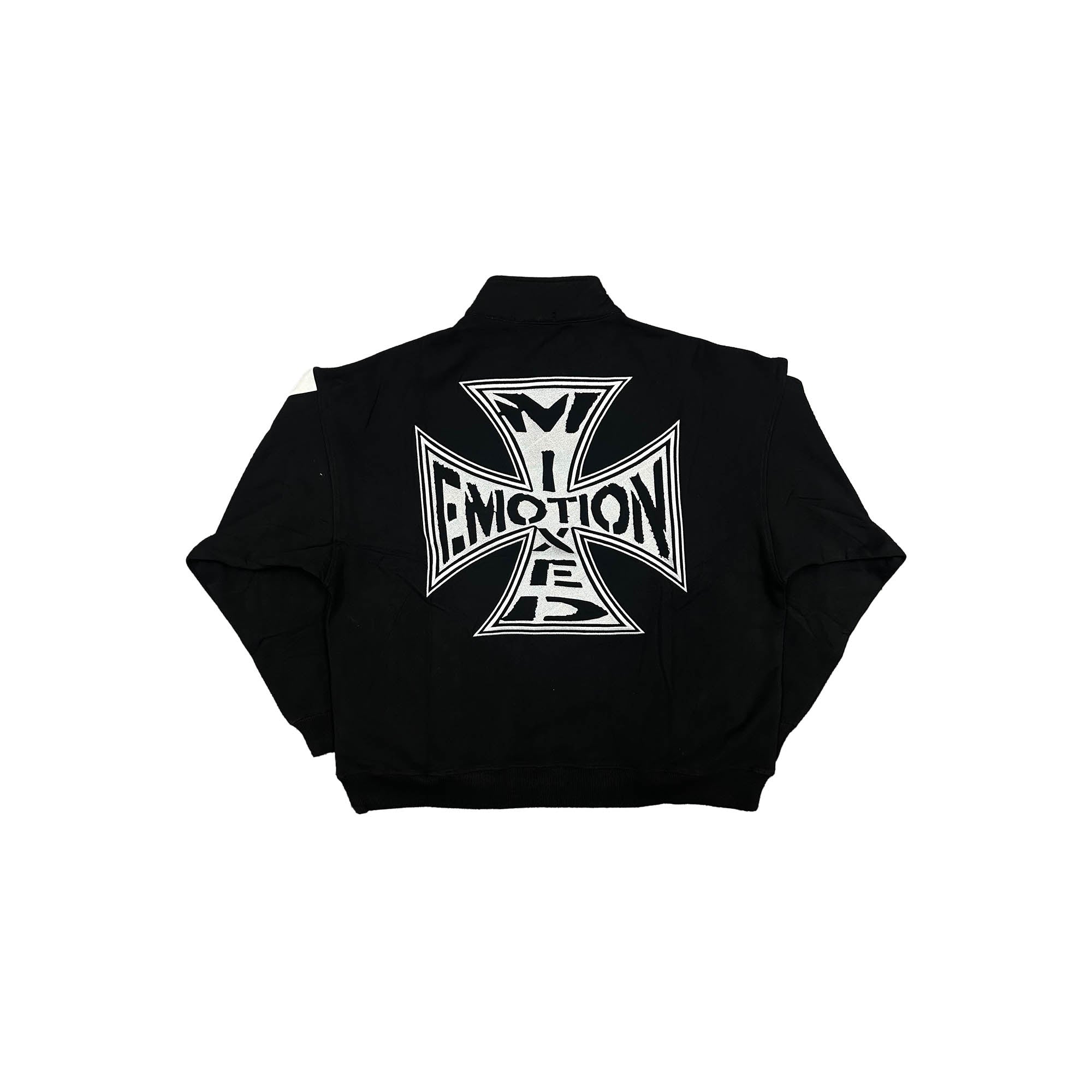 Retro Cross Print Quarter‑Zip Pullover Black Contrast Stripe Boxy Fit Street‑wear Long Sleeve Jacket