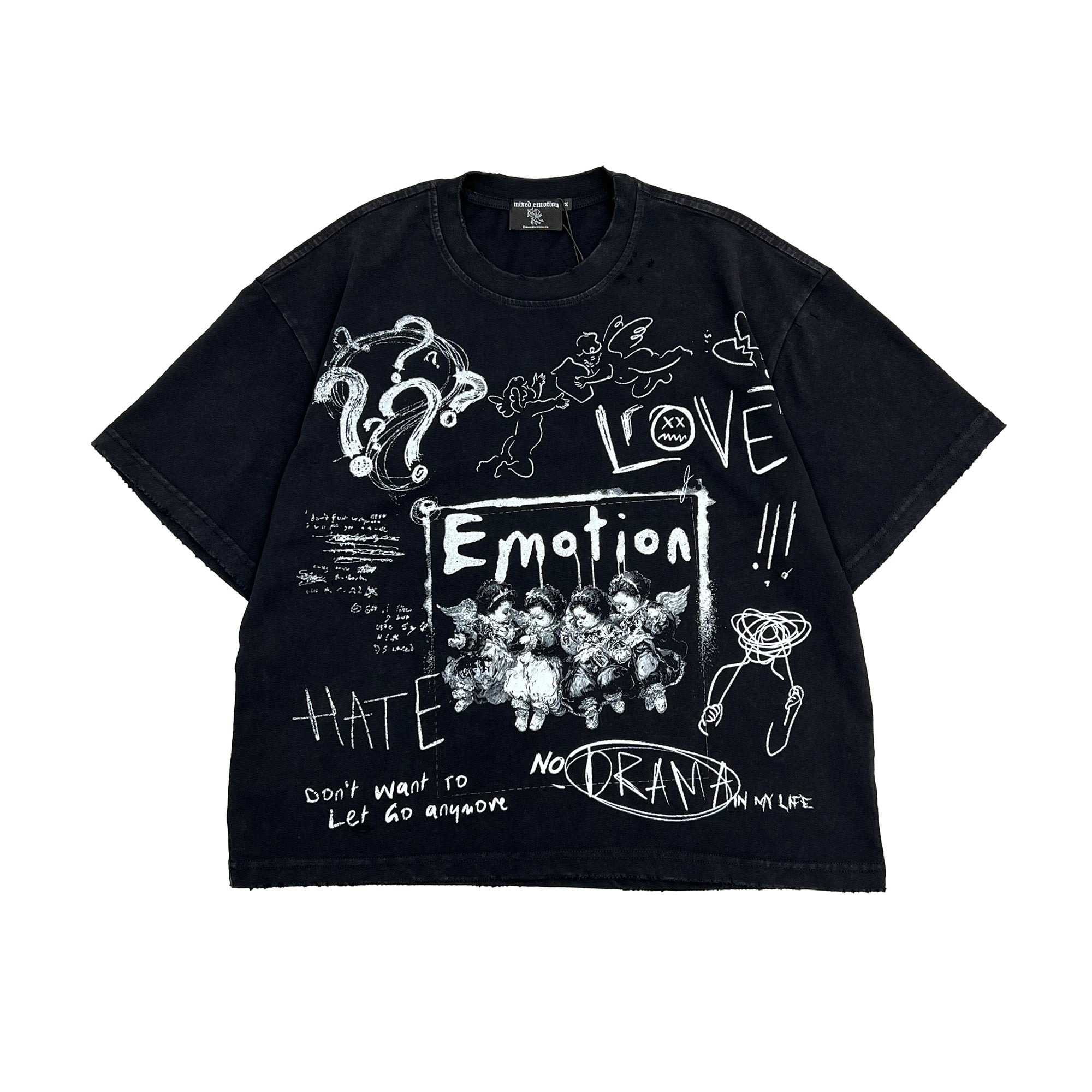 Retro Sketch Letter Graphic Oversized T‑Shirt Casual Street‑wear Black Tee