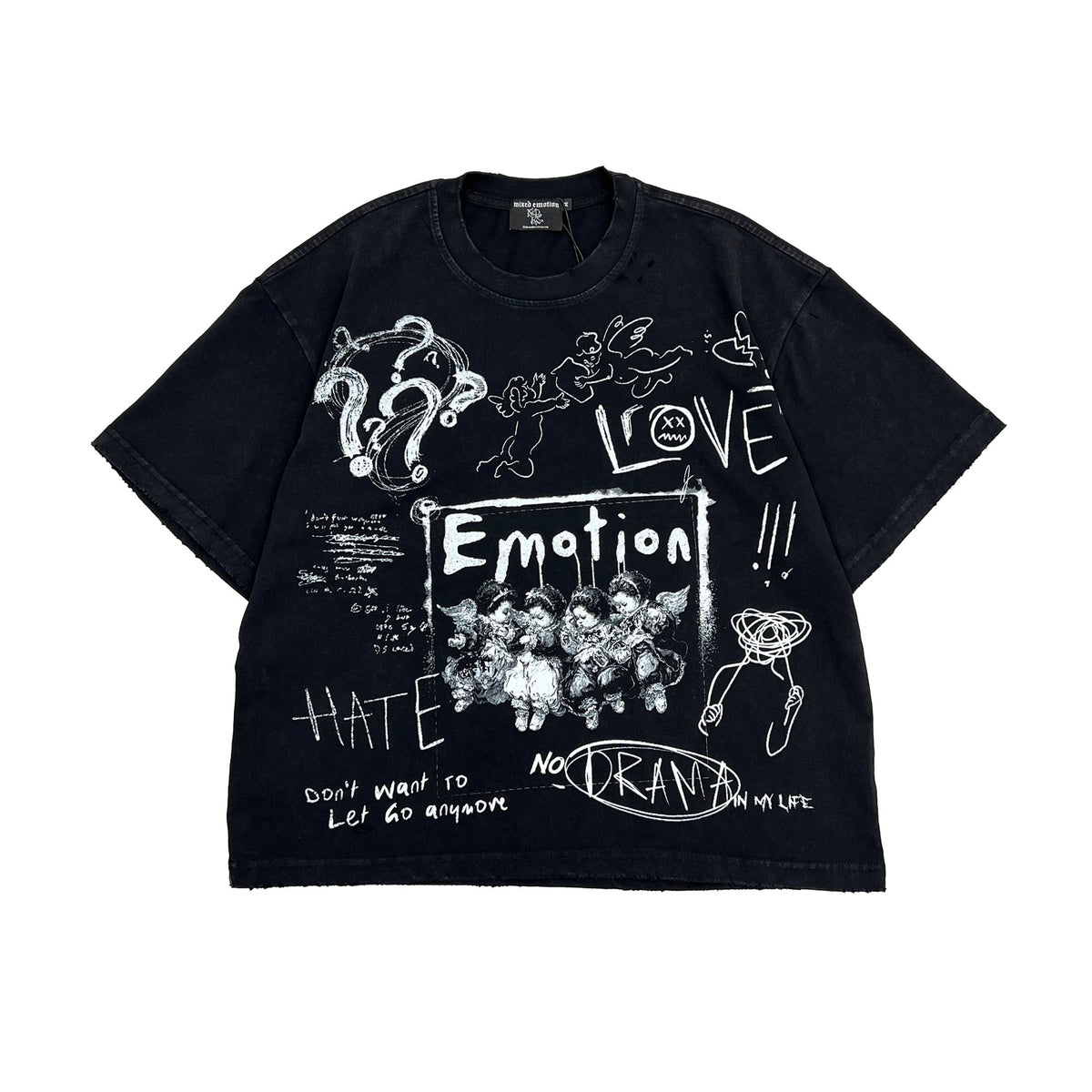 Retro Sketch Letter Graphic Oversized T‑Shirt Casual Street‑wear Black Tee