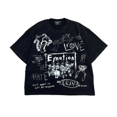 Retro Sketch Letter Graphic Oversized T‑Shirt Casual Street‑wear Black Tee