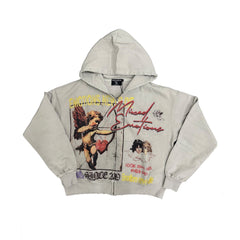 Vintage Art Graphic Washed Grey Zip‑Up Hoodie Loose Oversized Streetwear Hooded Jacket