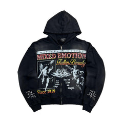Mixed Emotion Vintage Graphic Zip‑Up Hoodie Loose Fit Streetwear Black Hooded Jacket