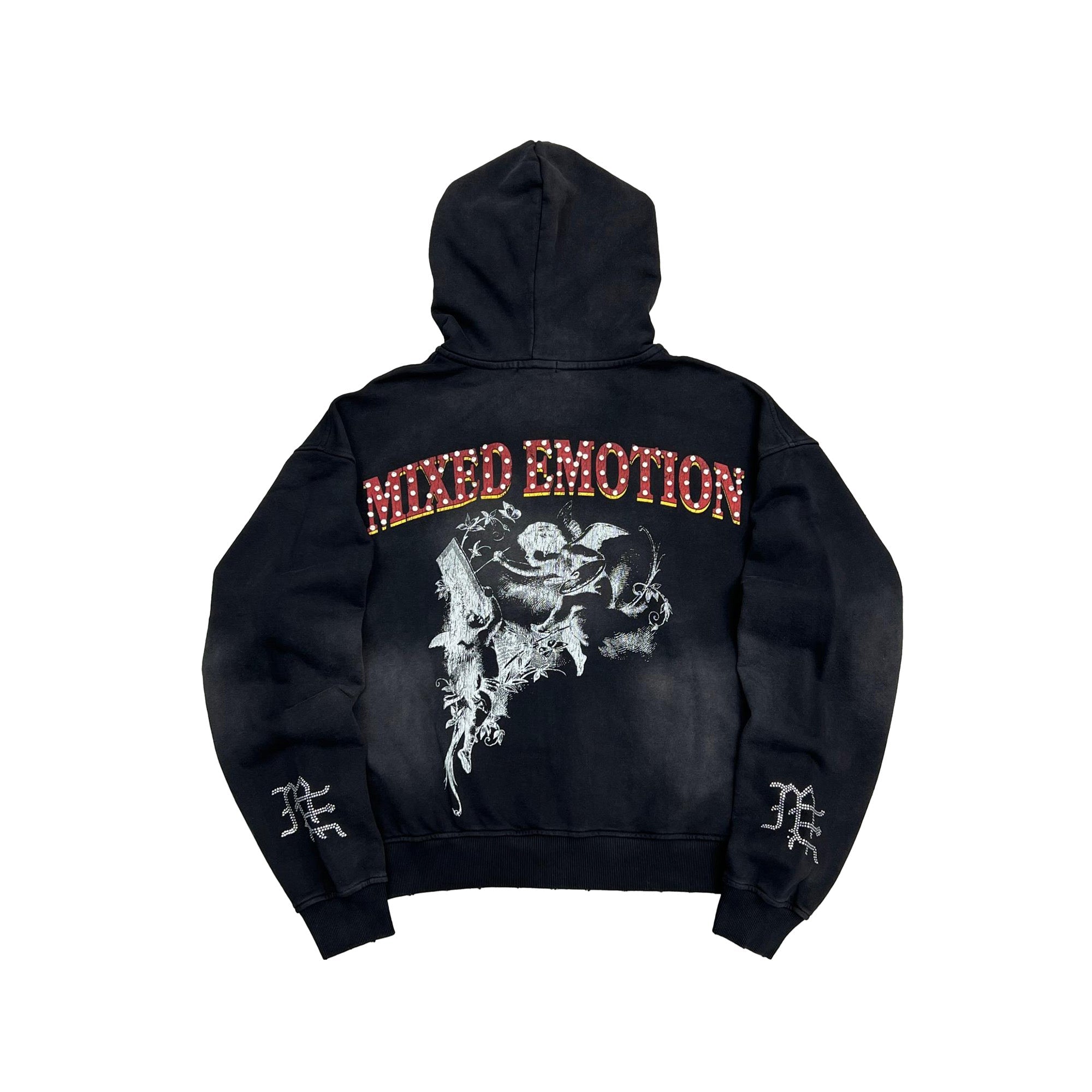 Mixed Emotion Vintage Graphic Zip‑Up Hoodie Loose Fit Streetwear Black Hooded Jacket