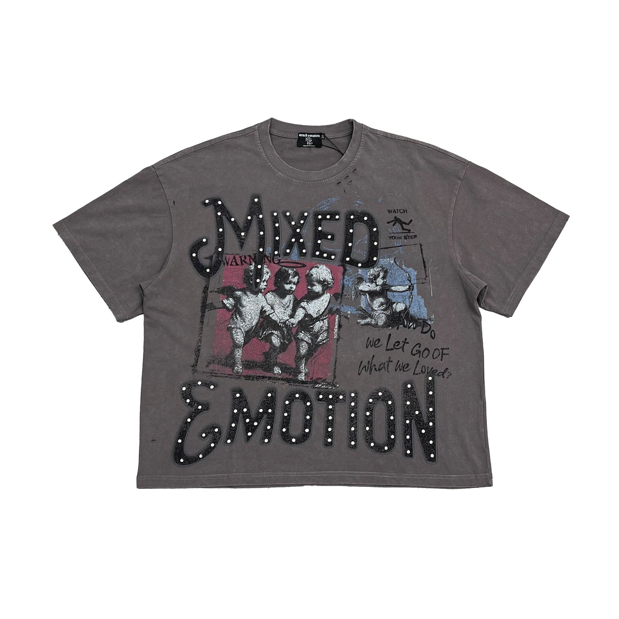 Mixed Emotion Vintage Collage Print Washed Grey Loose Streetwear T‑Shirt