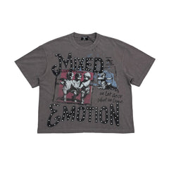 Mixed Emotion Vintage Collage Print Washed Grey Loose Streetwear T‑Shirt