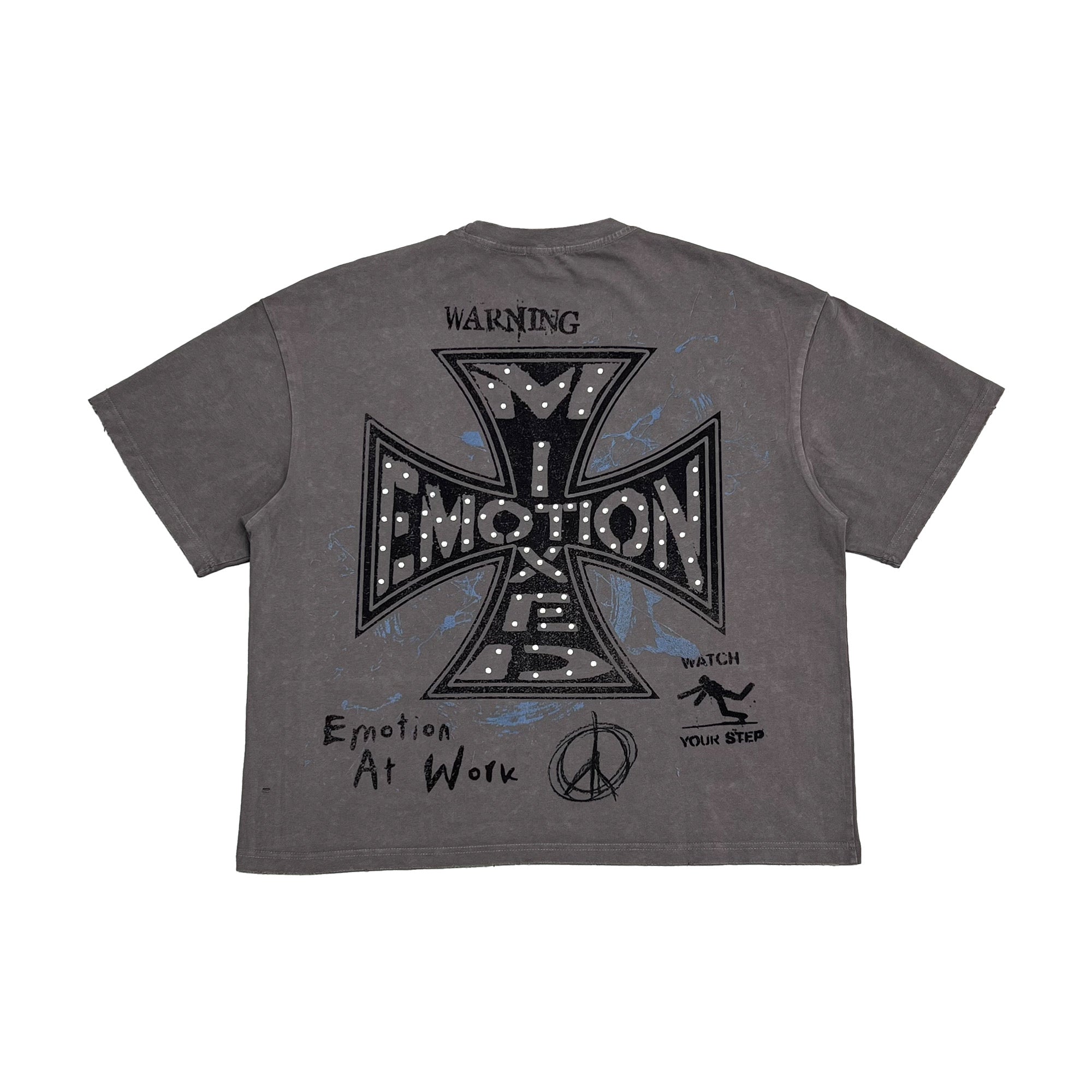 Mixed Emotion Vintage Collage Print Washed Grey Loose Streetwear T‑Shirt