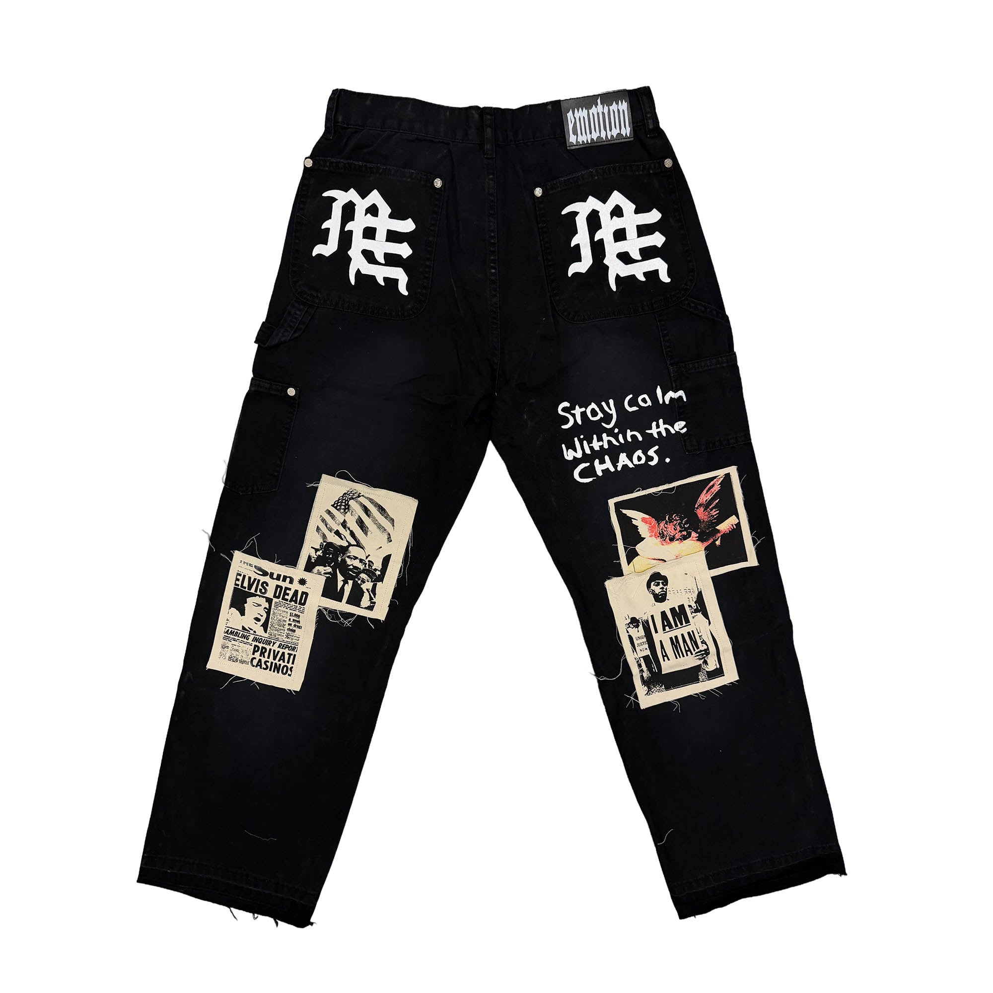 Graphic Patchwork Baggy Denim Jeans Black Vintage Poster Print Relaxed Straight‑Leg Street Pants