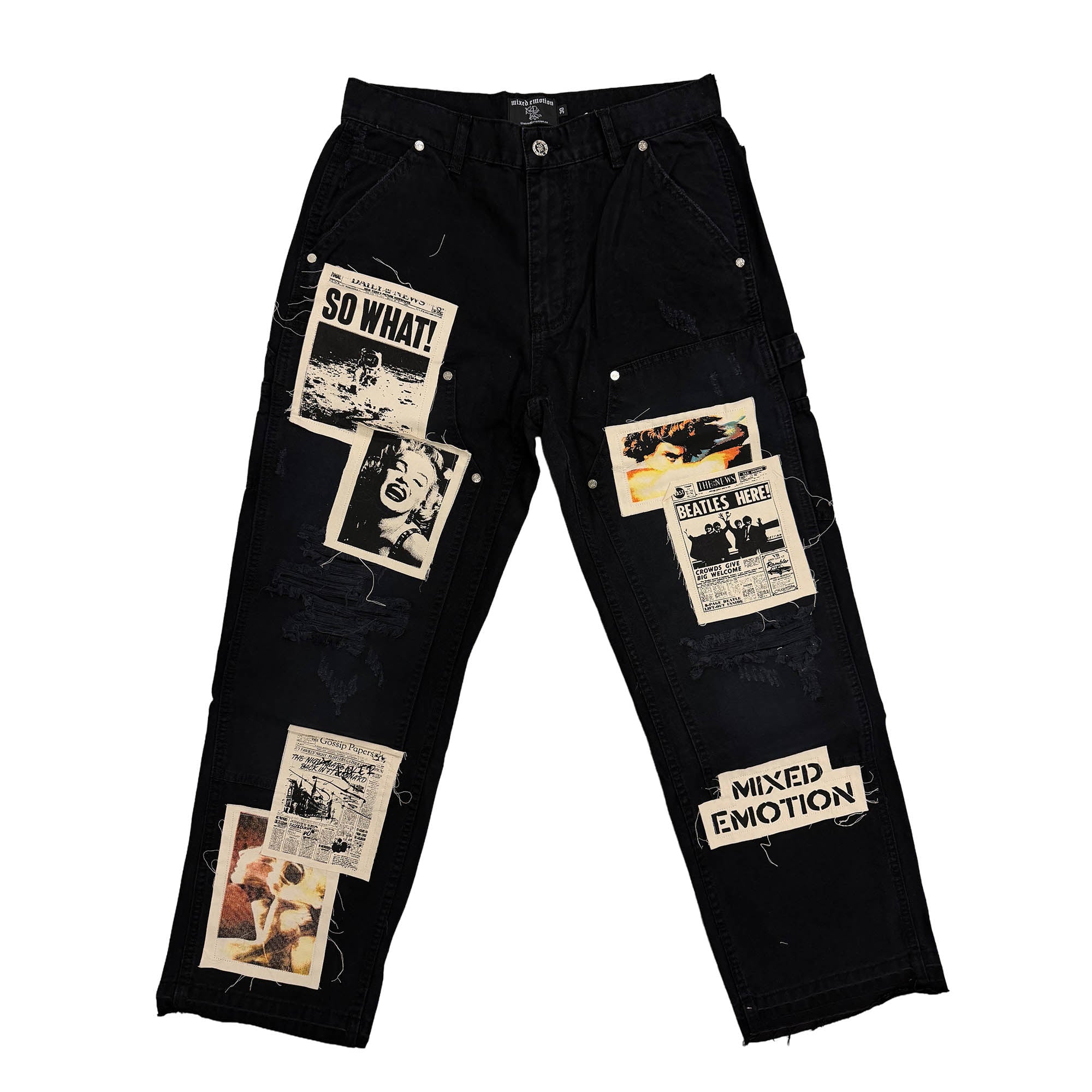 Graphic Patchwork Baggy Denim Jeans Black Vintage Poster Print Relaxed Straight‑Leg Street Pants