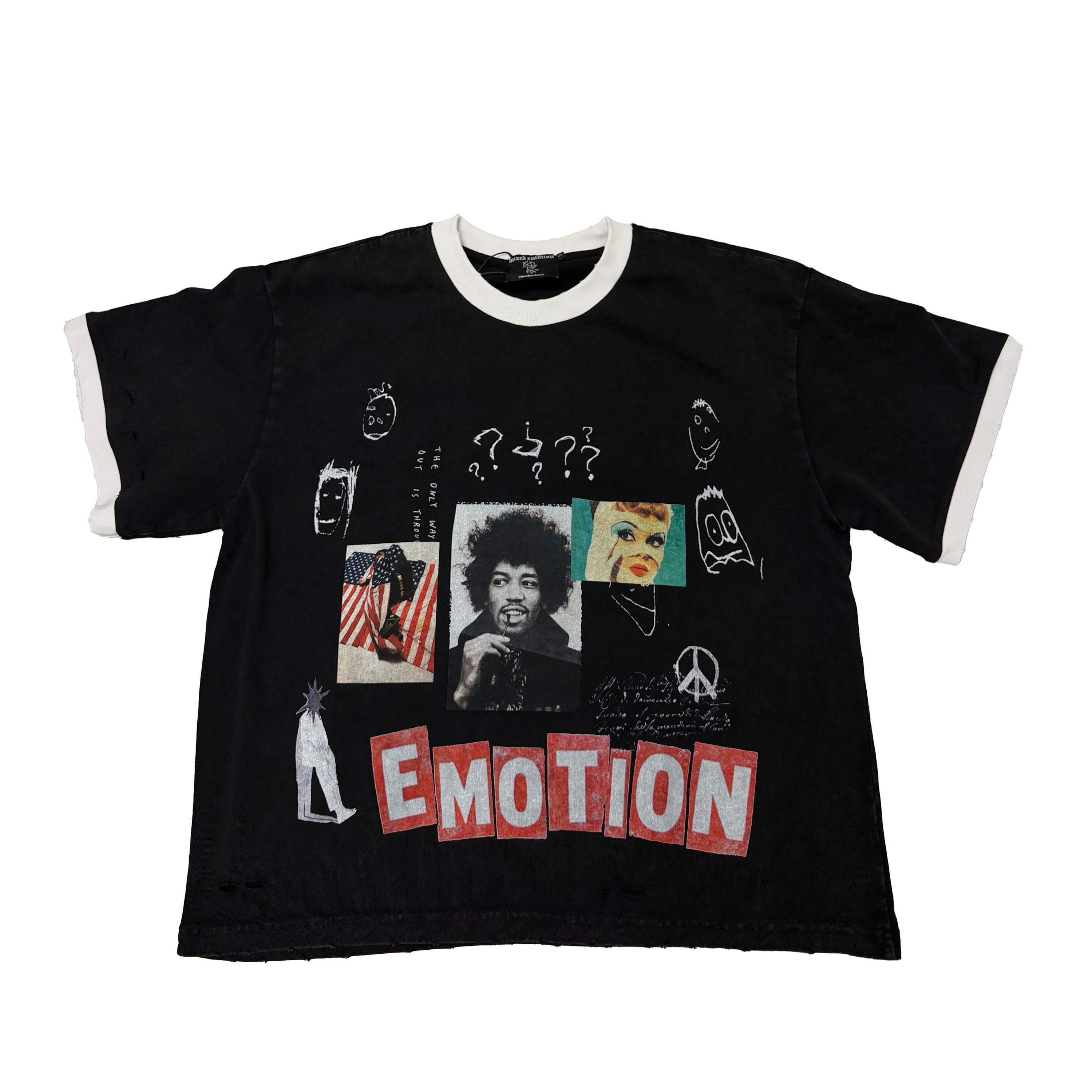 EMOTION Collage Retro Ringer T‑Shirt Black Boxy Fit Casual Street‑wear Short Sleeve Top