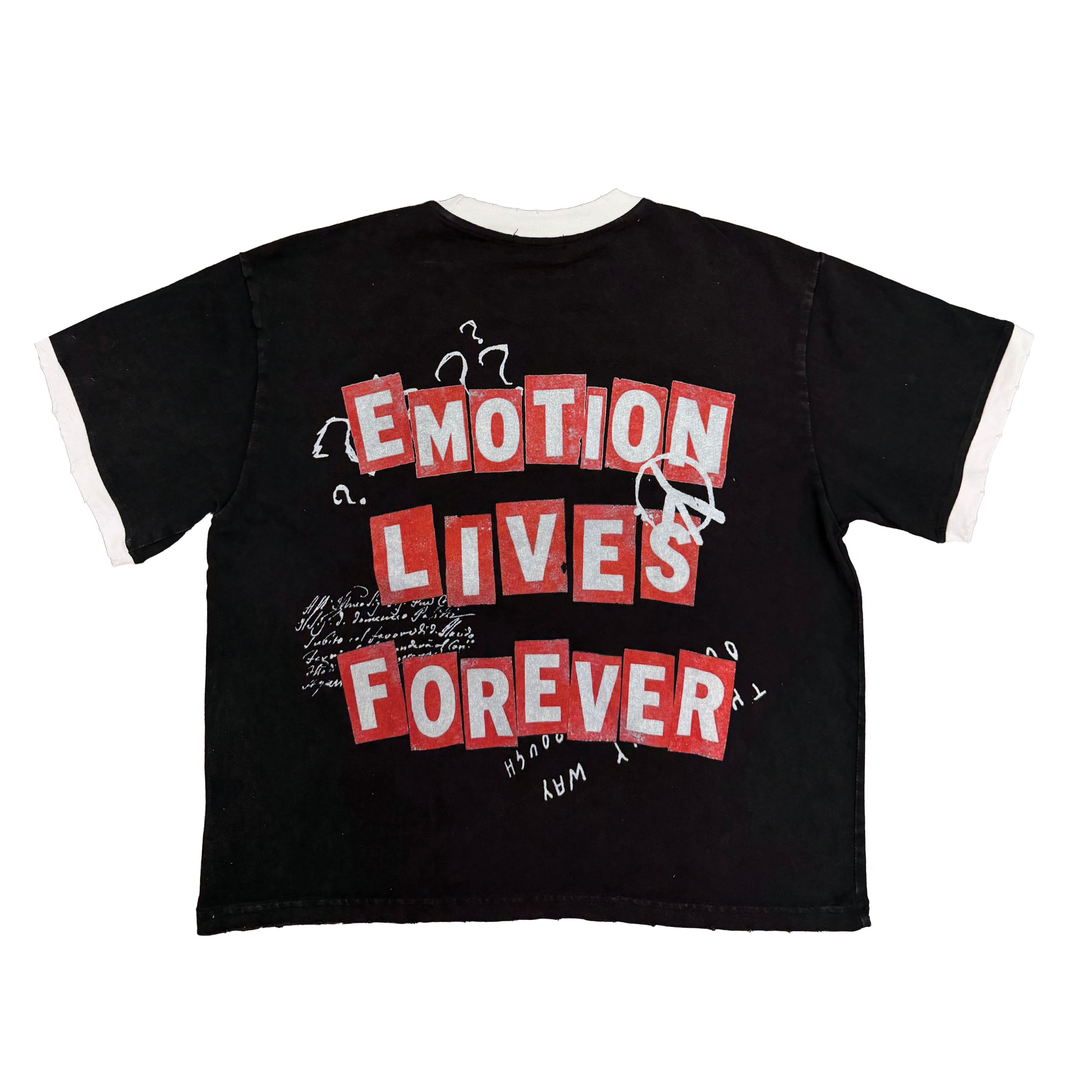 EMOTION Collage Retro Ringer T‑Shirt Black Boxy Fit Casual Street‑wear Short Sleeve Top