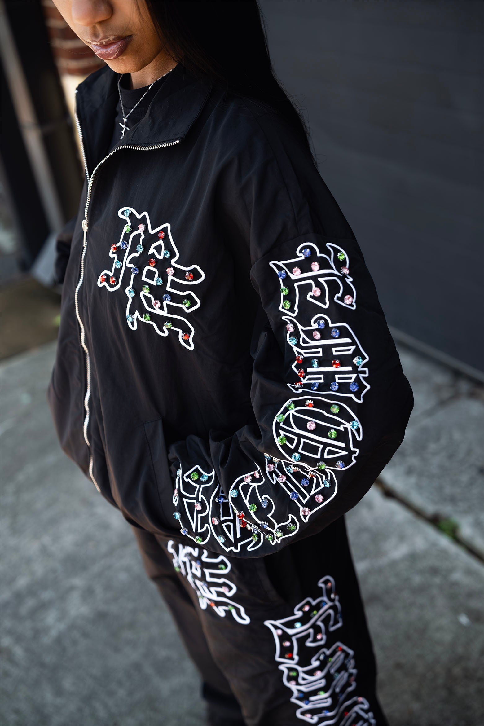 Black Colorful Graffiti Embroidered Zip‑Up Jacket Men Streetwear Stand Collar Outerwear