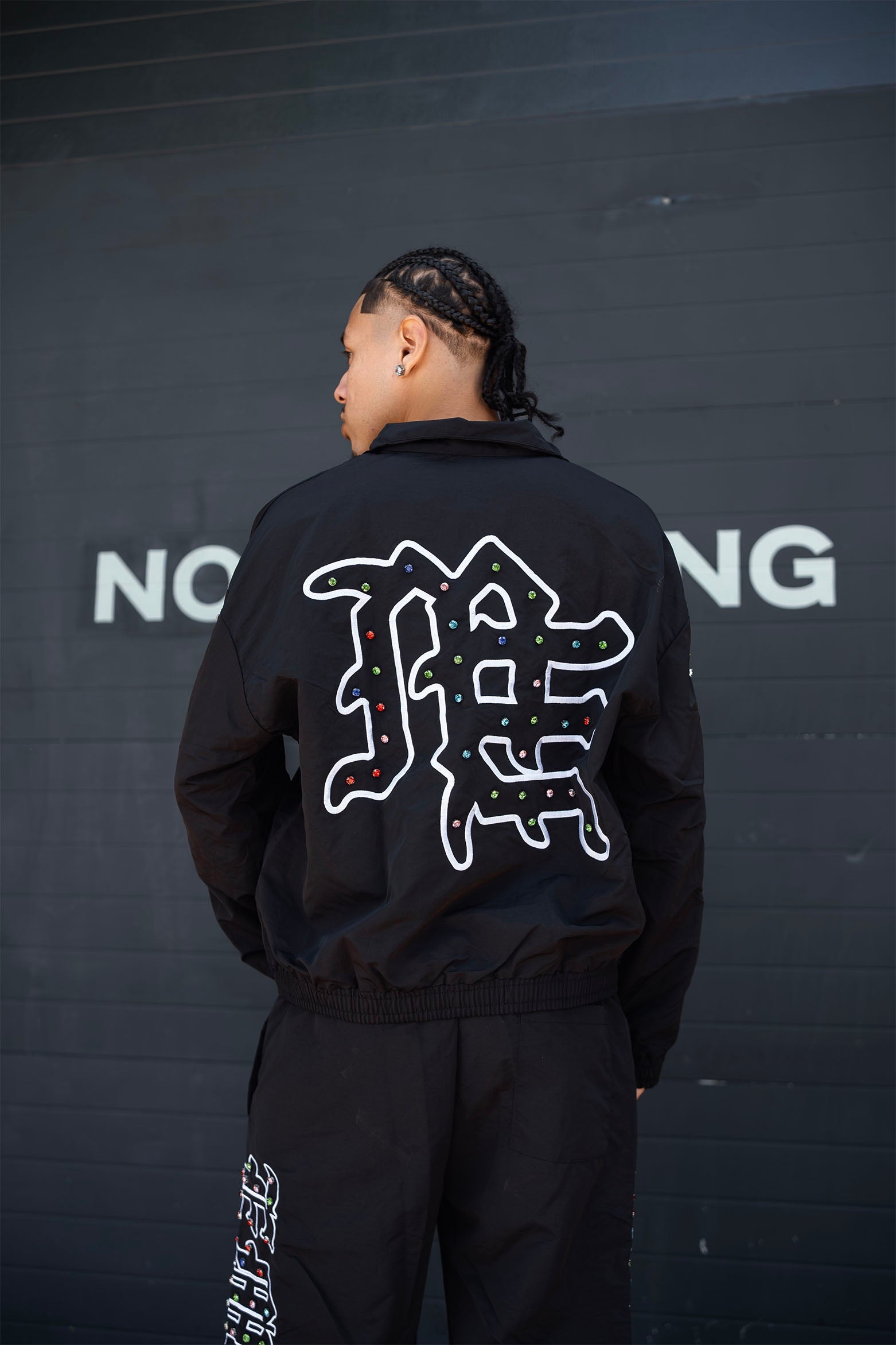 Black Colorful Graffiti Embroidered Zip‑Up Jacket Men Streetwear Stand Collar Outerwear