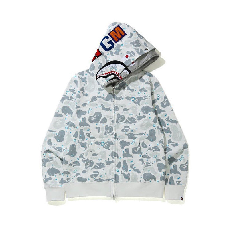 Cross border foreign trade wholesale new shark camouflage hooded cardigan zipper looped fleece men's and women's hoodie jacket trendy (28)