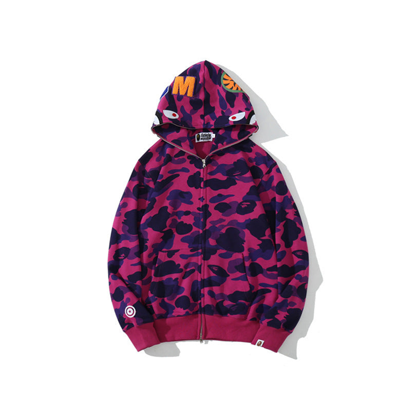 Cross border foreign trade wholesale new shark camouflage hooded cardigan zipper looped fleece men's and women's hoodie jacket trendy (8)