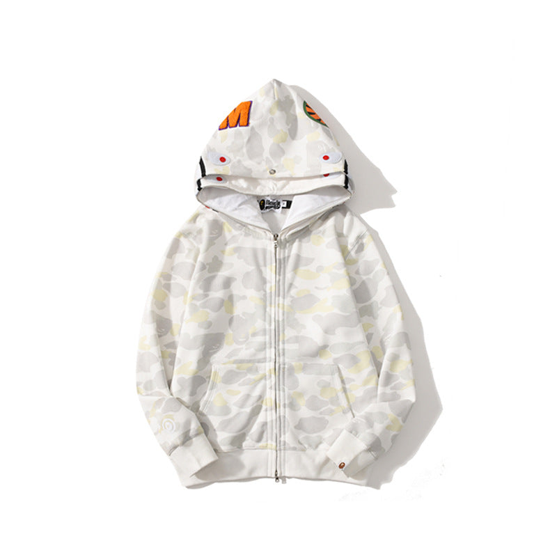 Cross border foreign trade wholesale new shark camouflage hooded cardigan zipper looped fleece men's and women's hoodie jacket trendy (14)