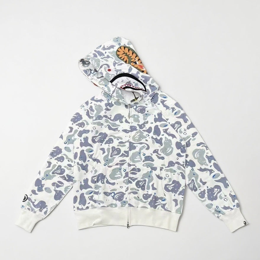Cross border foreign trade wholesale new shark camouflage hooded cardigan zipper looped fleece men's and women's hoodie jacket trendy (36)