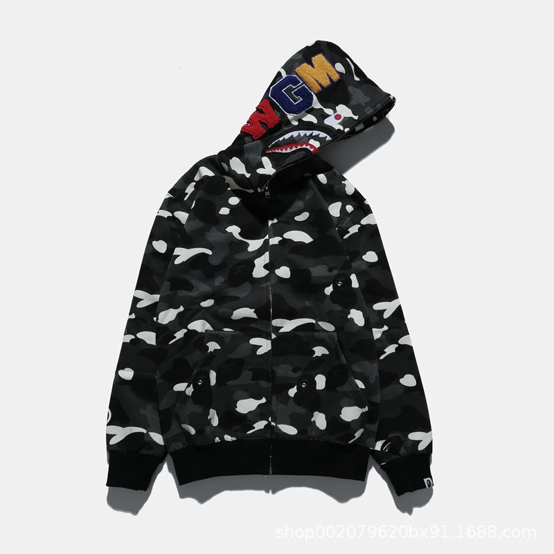 Cross border foreign trade wholesale new shark camouflage hooded cardigan zipper looped fleece men's and women's hoodie jacket trendy (1)