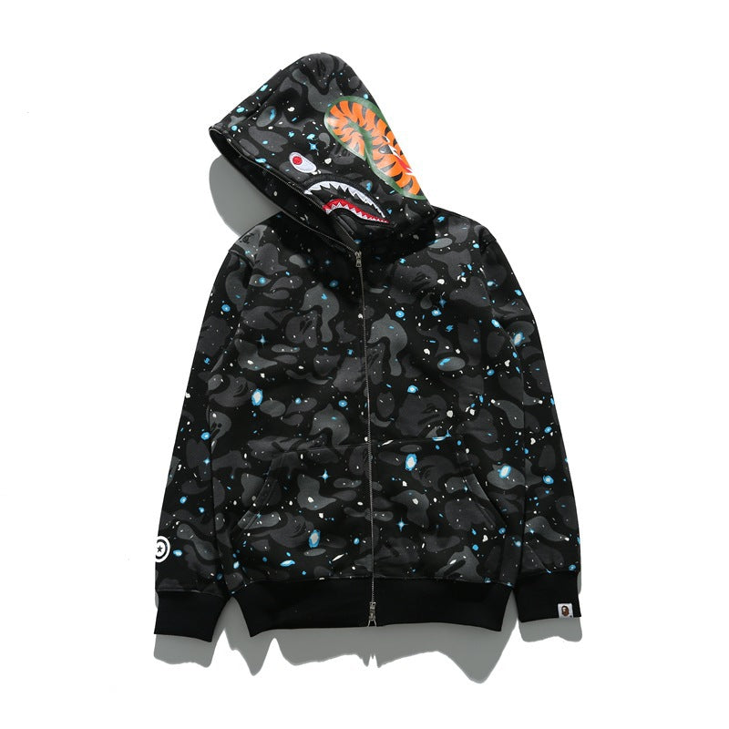 Cross border foreign trade wholesale new shark camouflage hooded cardigan zipper looped fleece men's and women's hoodie jacket trendy (2)