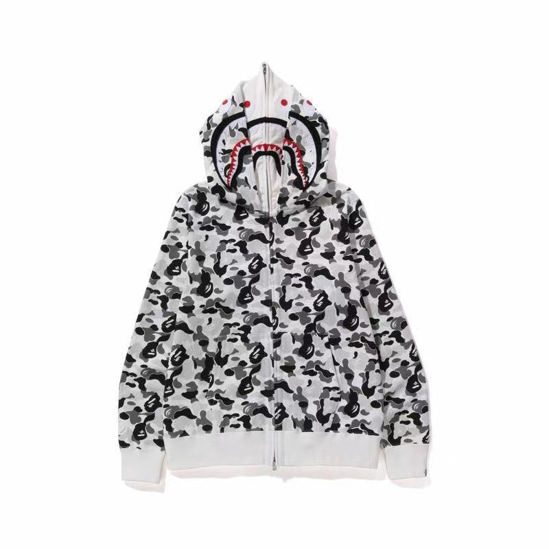 Cross border foreign trade wholesale new shark camouflage hooded cardigan zipper looped fleece men's and women's hoodie jacket trendy (35)
