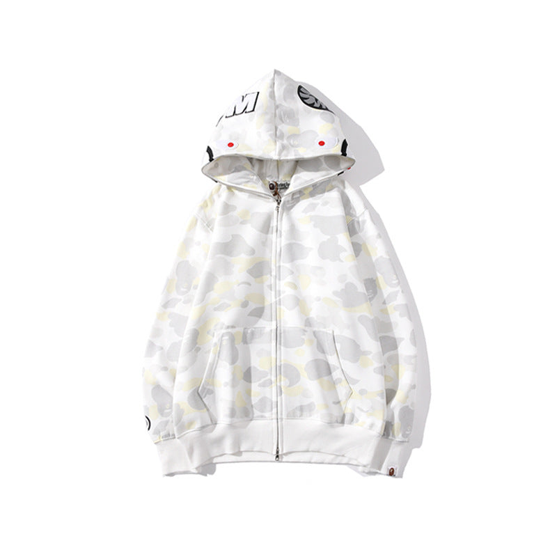Cross border foreign trade wholesale new shark camouflage hooded cardigan zipper looped fleece men's and women's hoodie jacket trendy (20)