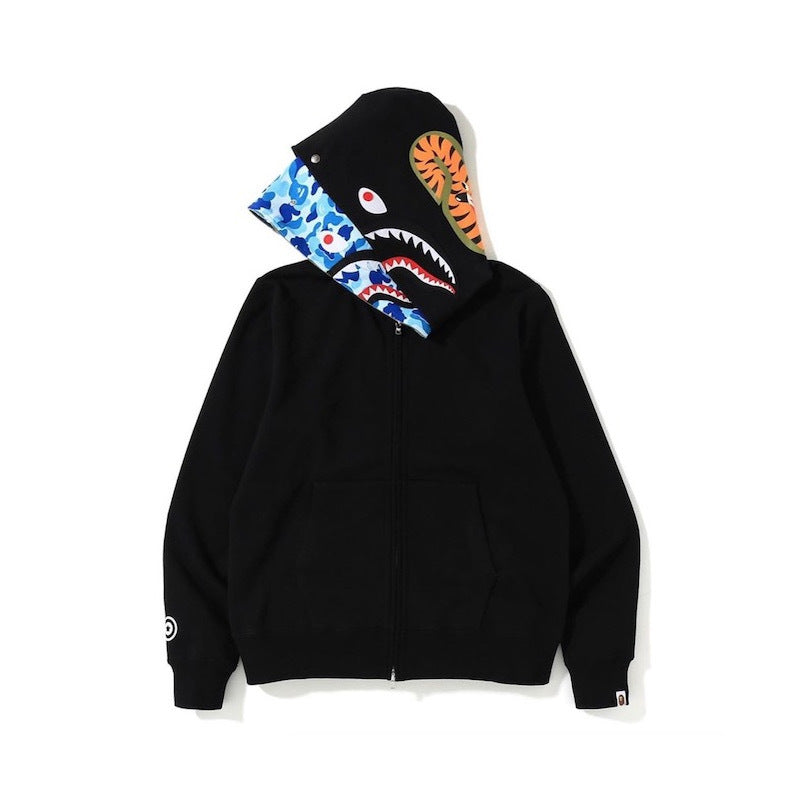 Cross border foreign trade wholesale new shark camouflage hooded cardigan zipper looped fleece men's and women's hoodie jacket trendy (27)