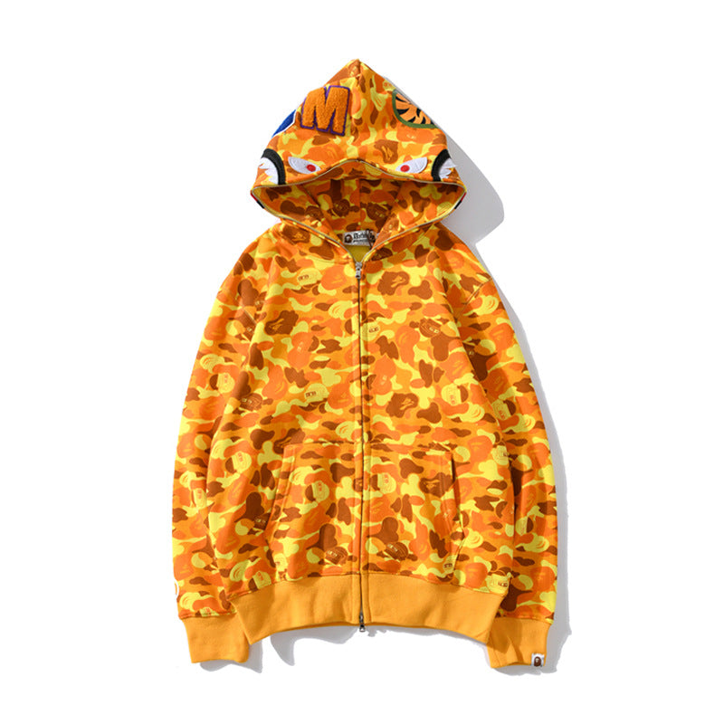 Cross border foreign trade wholesale new shark camouflage hooded cardigan zipper looped fleece men's and women's hoodie jacket trendy (34)