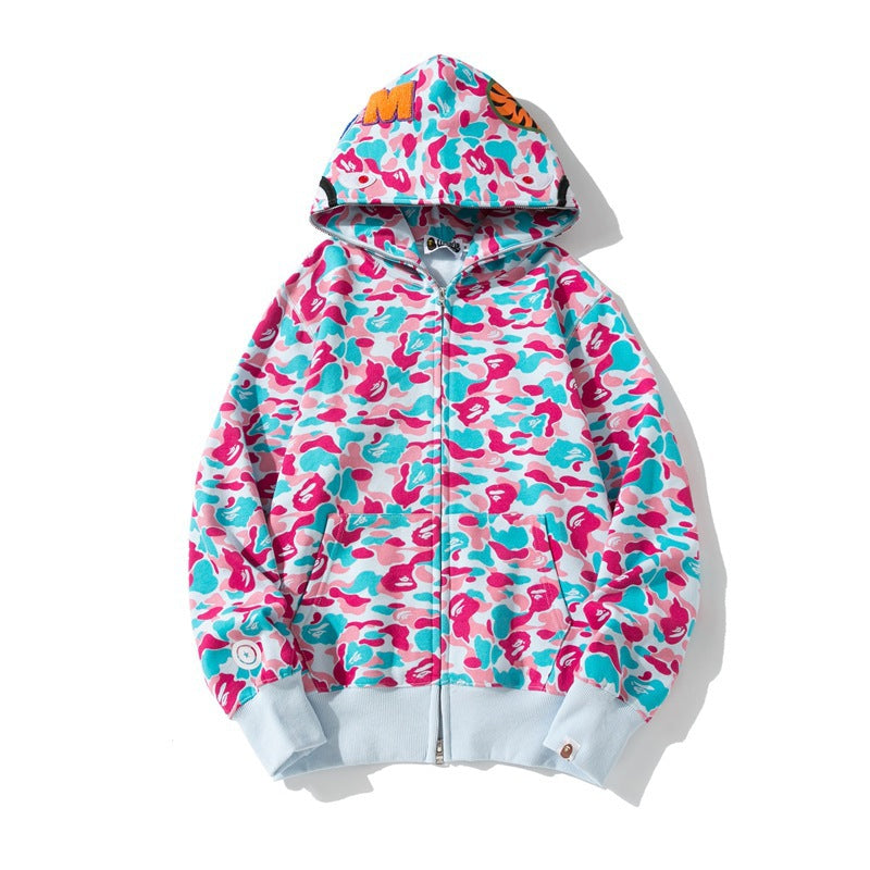 Cross border foreign trade wholesale new shark camouflage hooded cardigan zipper looped fleece men's and women's hoodie jacket trendy (13)