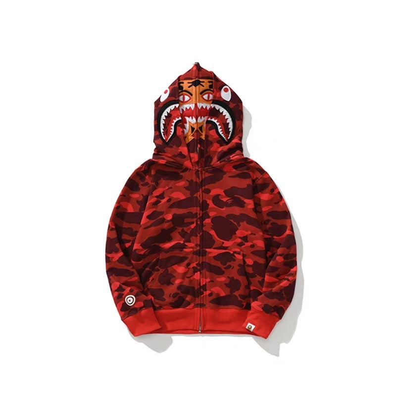 Cross border foreign trade wholesale new shark camouflage hooded cardigan zipper looped fleece men's and women's hoodie jacket trendy (32)