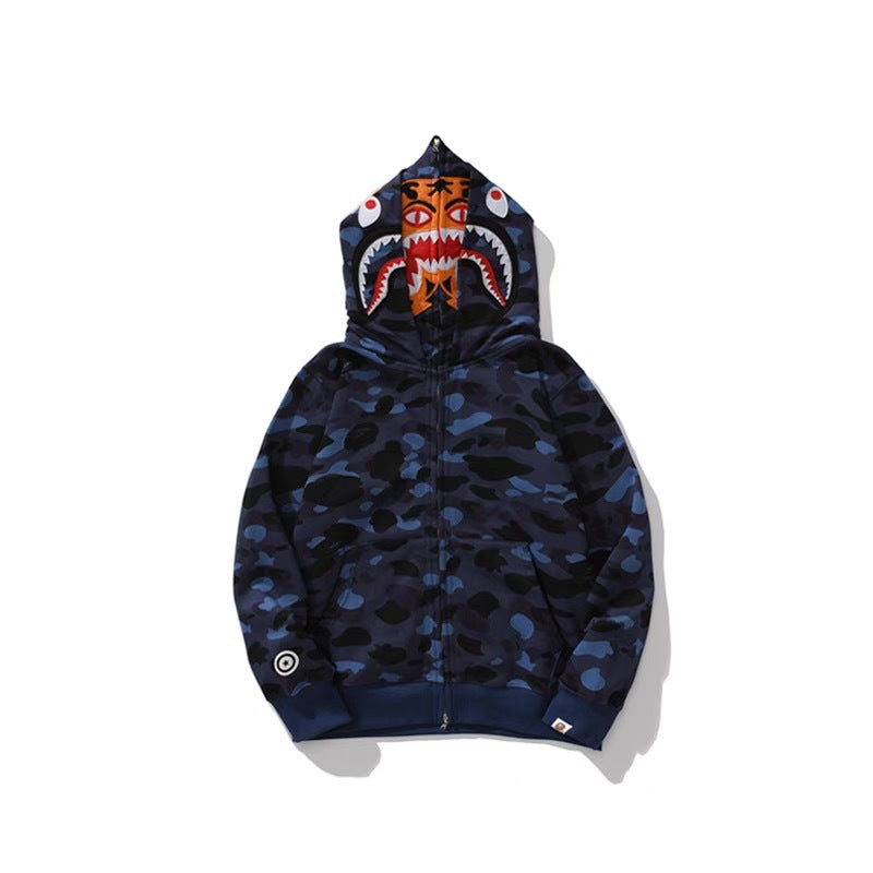 Cross border foreign trade wholesale new shark camouflage hooded cardigan zipper looped fleece men's and women's hoodie jacket trendy (31)