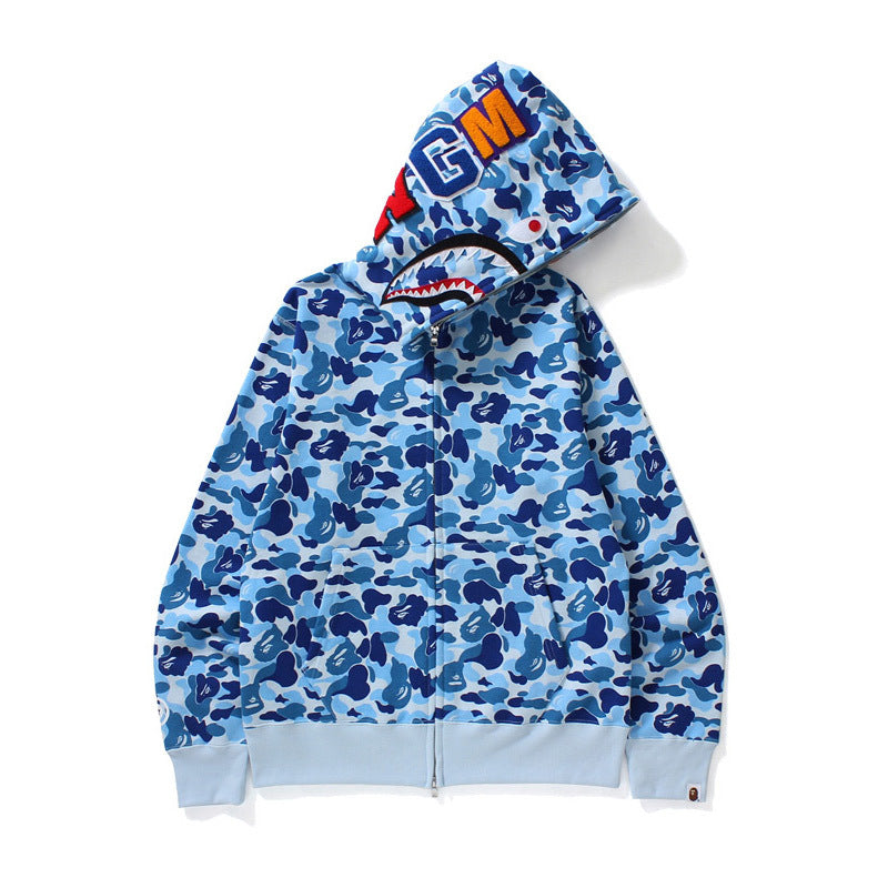 Cross border foreign trade wholesale new shark camouflage hooded cardigan zipper looped fleece men's and women's hoodie jacket trendy (18)