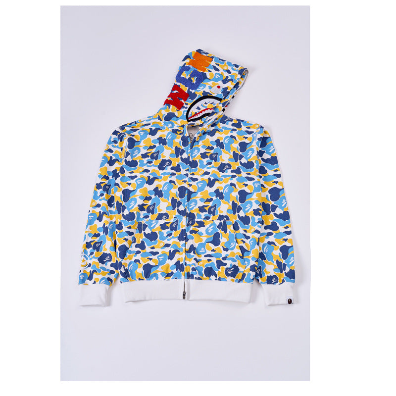 Cross border foreign trade wholesale new shark camouflage hooded cardigan zipper looped fleece men's and women's hoodie jacket trendy (43)