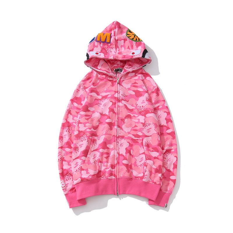 Cross border foreign trade wholesale new shark camouflage hooded cardigan zipper looped fleece men's and women's hoodie jacket trendy (3)