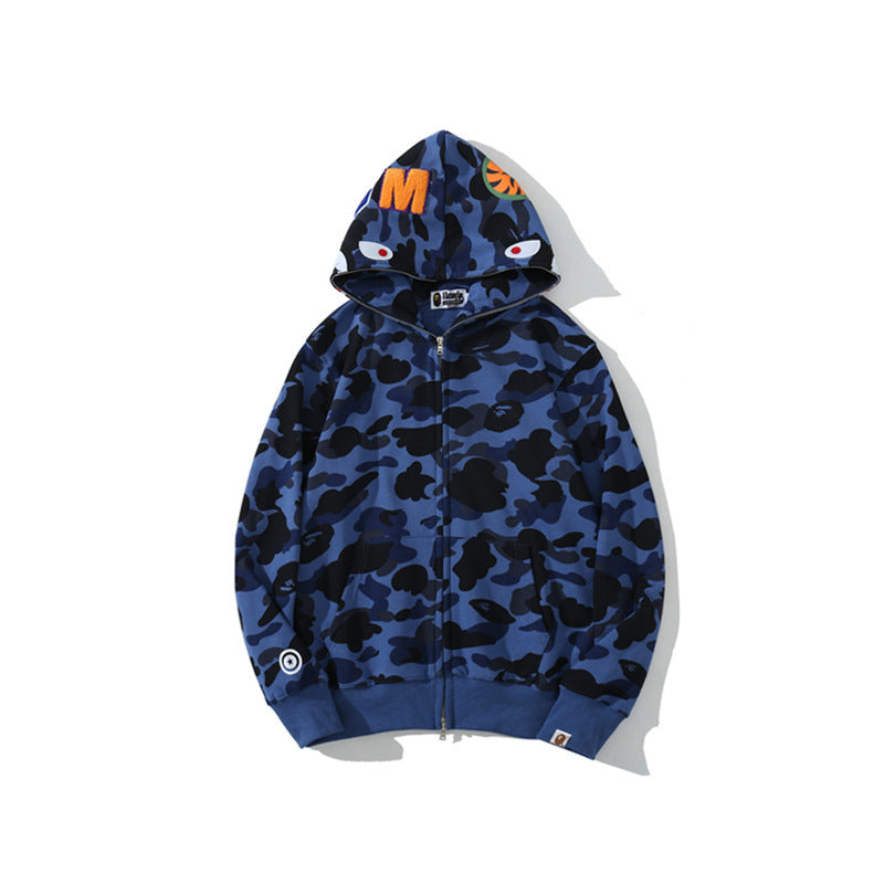 Cross border foreign trade wholesale new shark camouflage hooded cardigan zipper looped fleece men's and women's hoodie jacket trendy (11)