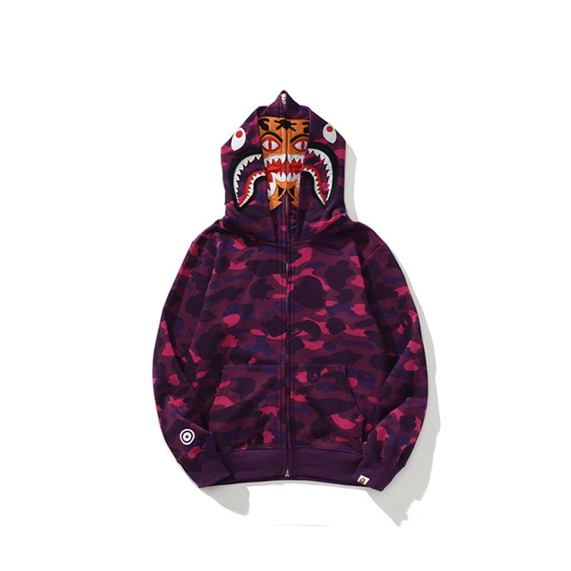 Cross border foreign trade wholesale new shark camouflage hooded cardigan zipper looped fleece men's and women's hoodie jacket trendy (33)