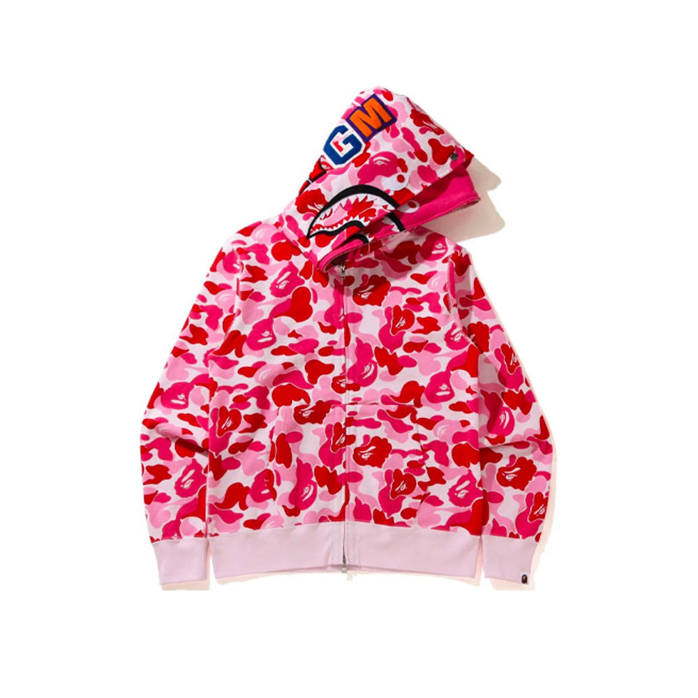 Cross border foreign trade wholesale new shark camouflage hooded cardigan zipper looped fleece men's and women's hoodie jacket trendy (21)