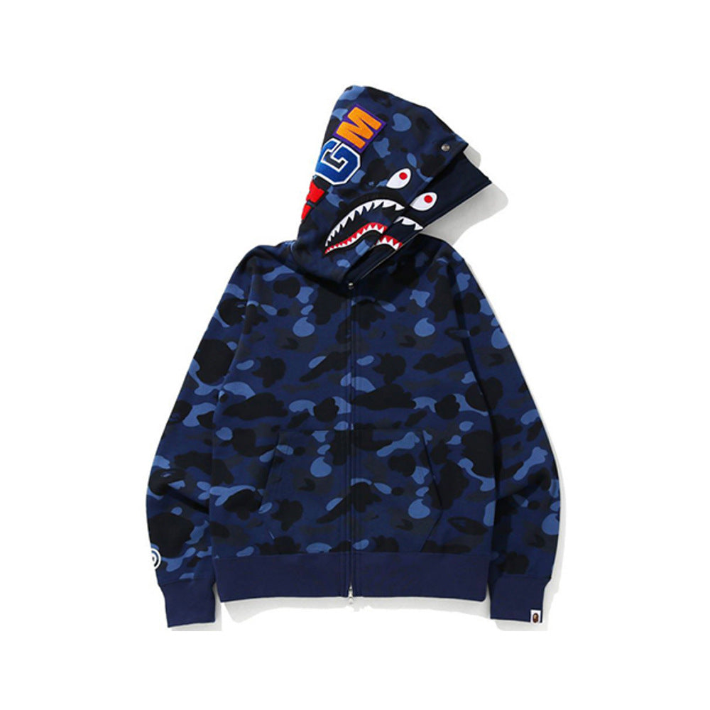 Cross border foreign trade wholesale new shark camouflage hooded cardigan zipper looped fleece men's and women's hoodie jacket trendy (23)
