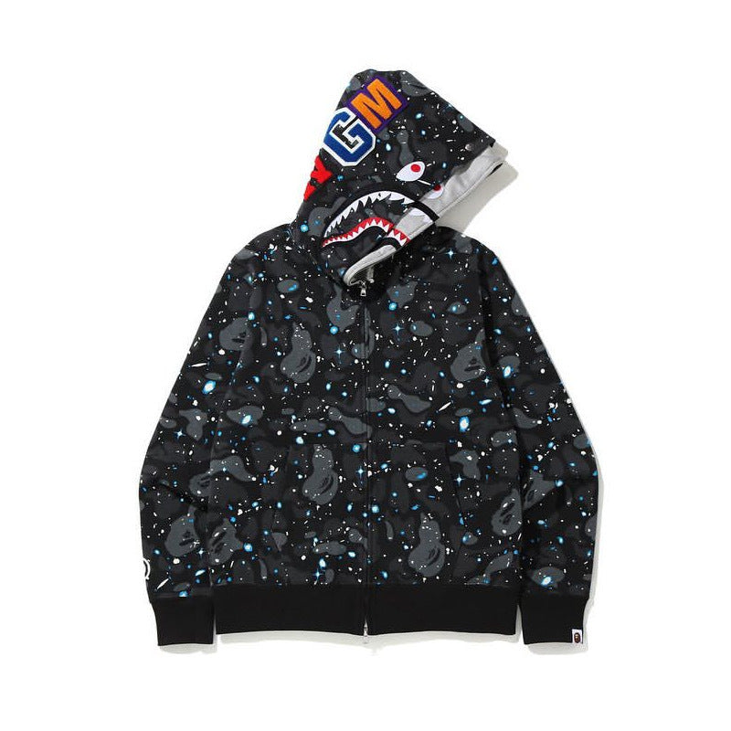 Cross border foreign trade wholesale new shark camouflage hooded cardigan zipper looped fleece men's and women's hoodie jacket trendy (29)