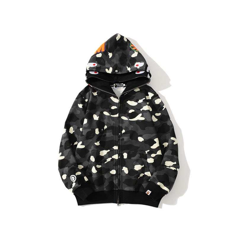 Cross border foreign trade wholesale new shark camouflage hooded cardigan zipper looped fleece men's and women's hoodie jacket trendy (15)