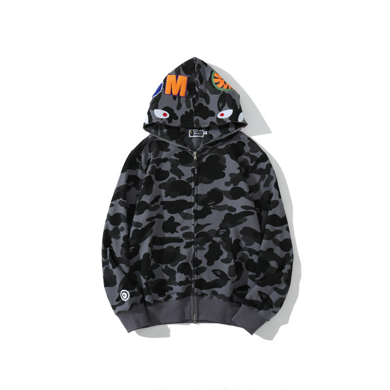 Cross border foreign trade wholesale new shark camouflage hooded cardigan zipper looped fleece men's and women's hoodie jacket trendy (10)