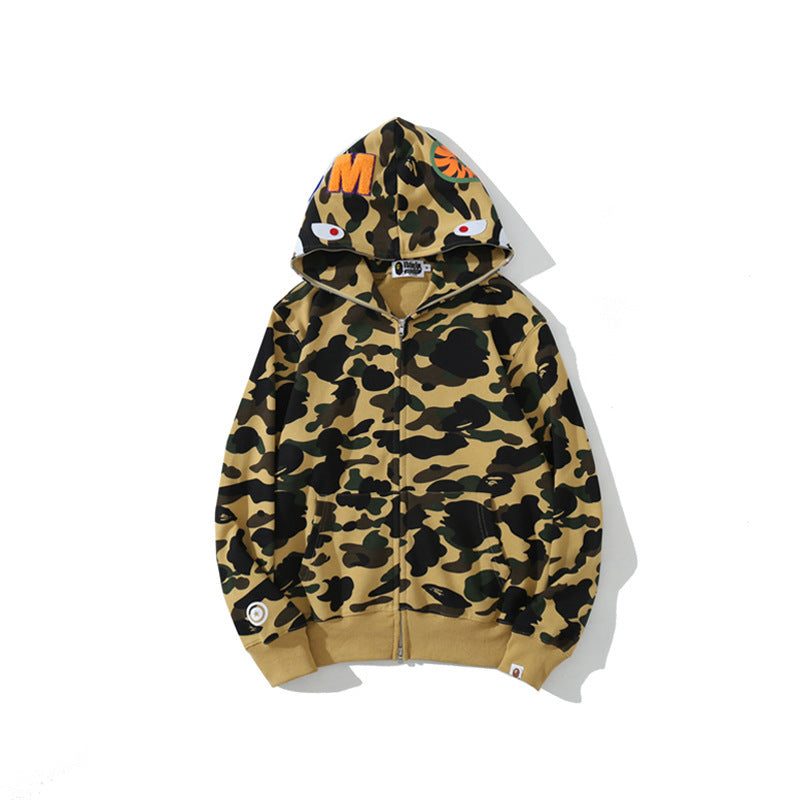 Cross border foreign trade wholesale new shark camouflage hooded cardigan zipper looped fleece men's and women's hoodie jacket trendy (6)