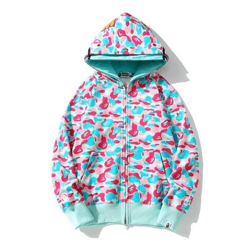 Cross border foreign trade wholesale new shark camouflage hooded cardigan zipper looped fleece men's and women's hoodie jacket trendy (37)