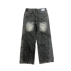 Rhinestone Distressed Baggy Wide Leg Jeans Men Vintage Washed Denim Pants Streetwear