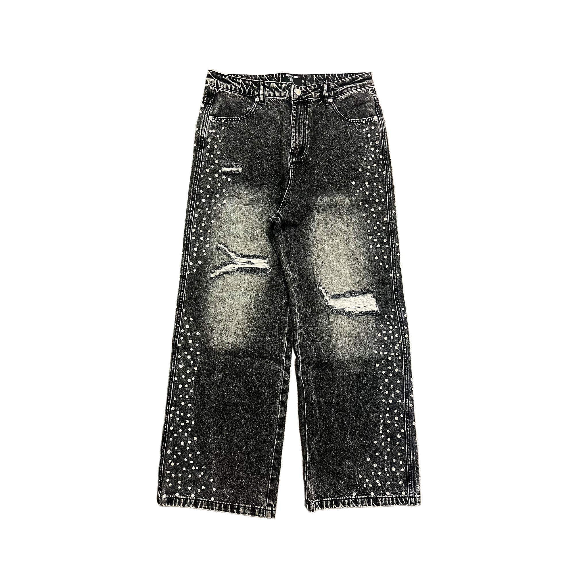 Rhinestone Distressed Baggy Wide Leg Jeans Men Vintage Washed Denim Pants Streetwear