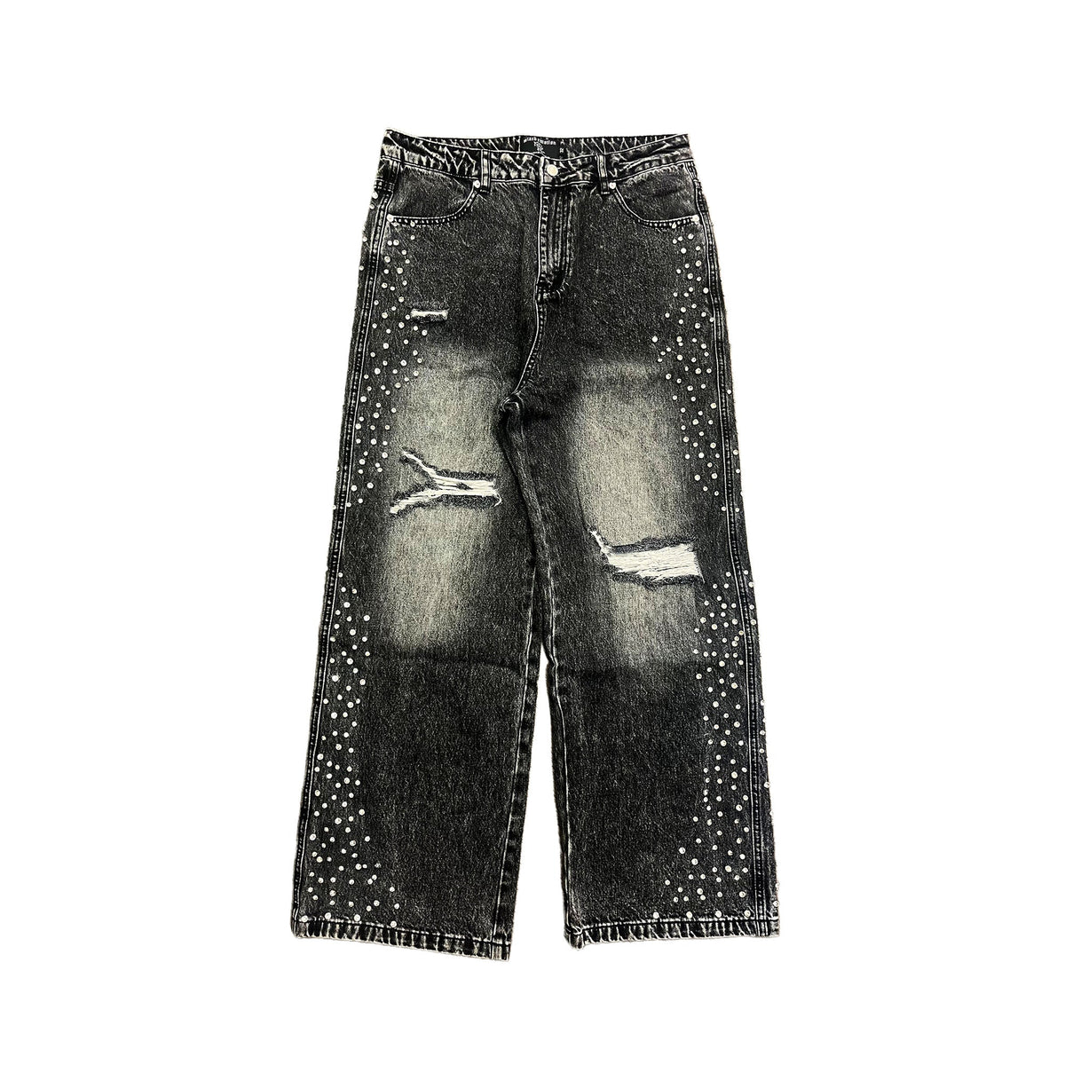 Rhinestone Distressed Baggy Wide Leg Jeans Men Vintage Washed Denim Pants Streetwear