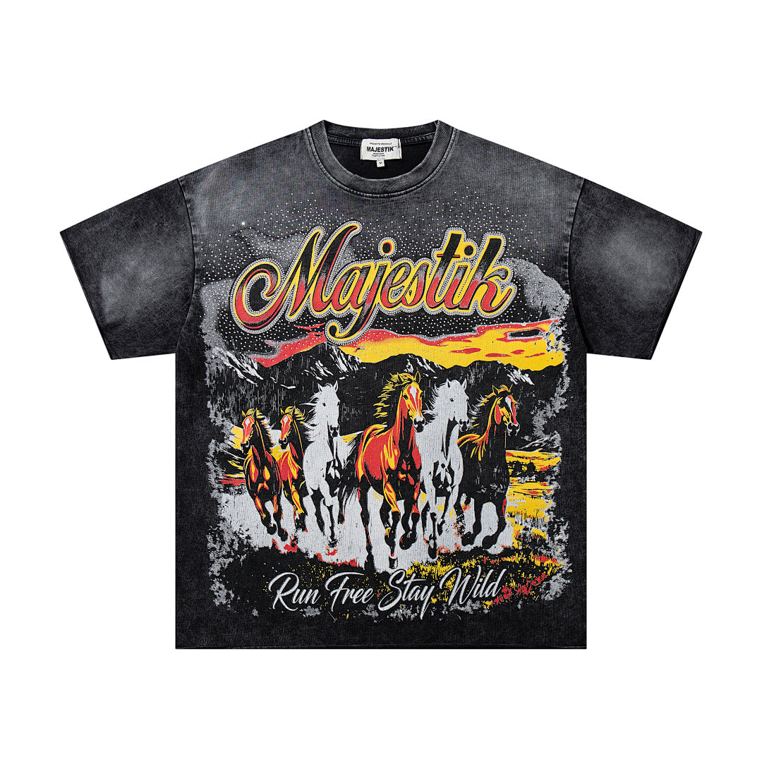 Black Washed Vintage Western Cowboy Horse Rider Double‑Sided Graphic Band‑Style T‑Shirt