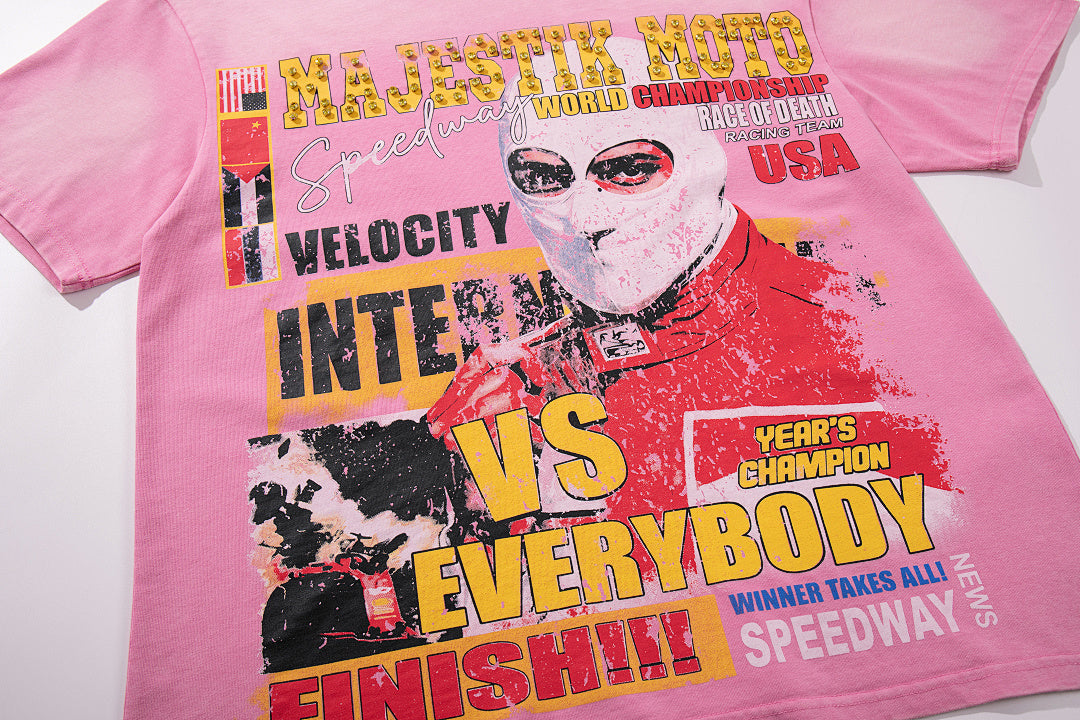 Bright Pink Washed Retro Poster Character Vintage Graphic T‑Shirt