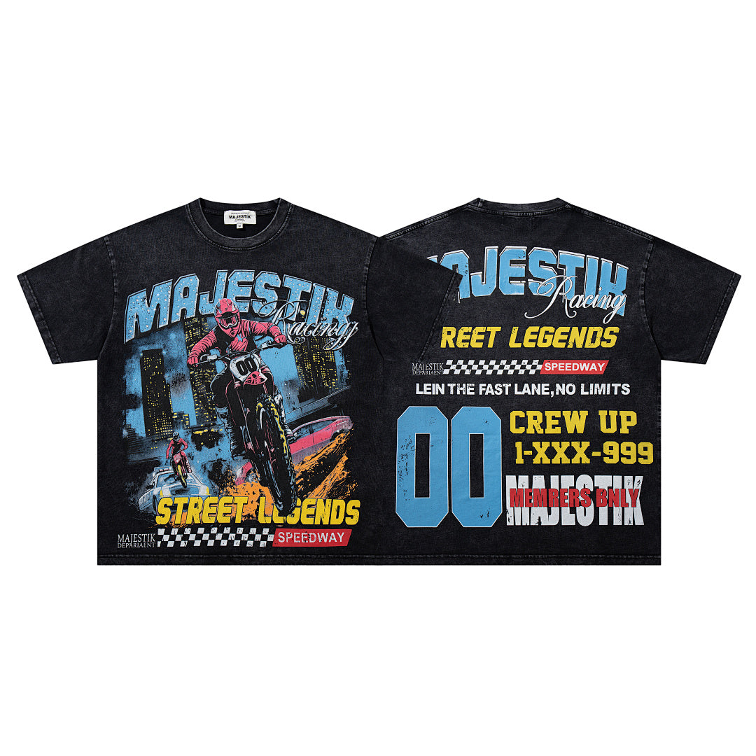 Black Washed Vintage Street Figure Double‑Sided Graphic T‑Shirt