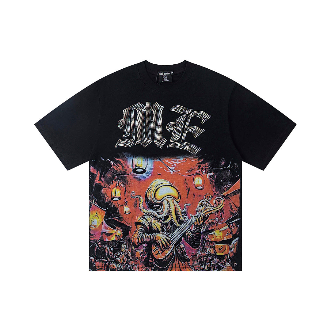Black Vintage Gothic Metal Letter Graphic Oversized Crew‑Neck Street T‑Shirt
