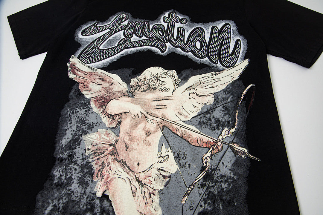 Black Vintage Rhinestone Letter Angel Graphic Oversized Crew‑Neck Street T‑Shirt